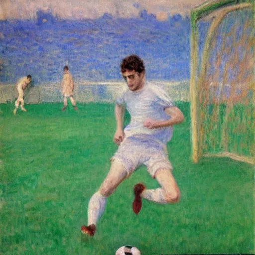 Image similar to monet painting of a skinny blonde man falling over a soccer ball, highly detailed, realistic,