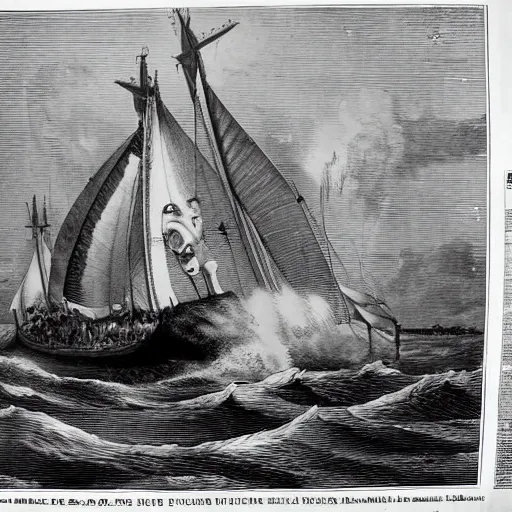 Prompt: a sea tragedy in black and white as printed in a newspaper from 1850