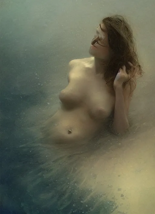 Prompt: underwater and dreaming, back lighting, murky cloudy windy by jeremy lipkin, jesper ejsing, dino valls, rule of thirds, seductive look, beautiful