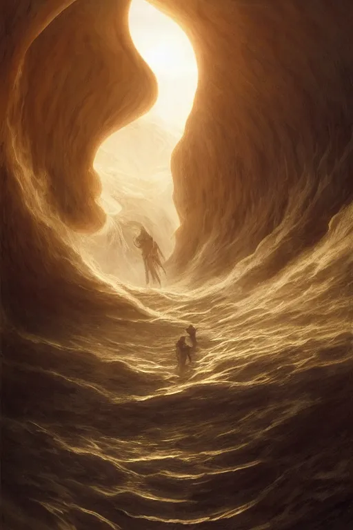 Prompt: a glowing magical portal inside a wave made of sand fantasy desert, portal, a man watching over, sci fi, lightning, night, midnight, arabia, by caspar david friedrich by james gillard and justin gerard, artstation, smooth, sharp focus, by jean baptiste, bernardo bellotto