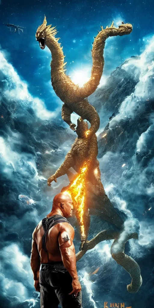 Image similar to movie poster of dwayne johnson with a baseball bat fighting king ghidorah outside a space station