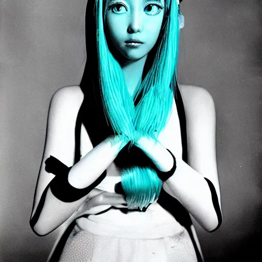 Image similar to 35mm portrait photo of a Hatsune Miku by Angus McBean