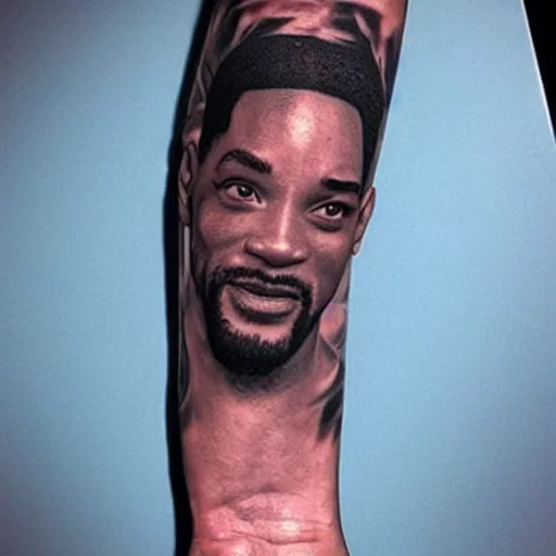 Image similar to flash photo of a tattoo on a man’s arm that looks like Will Smith as the terminator