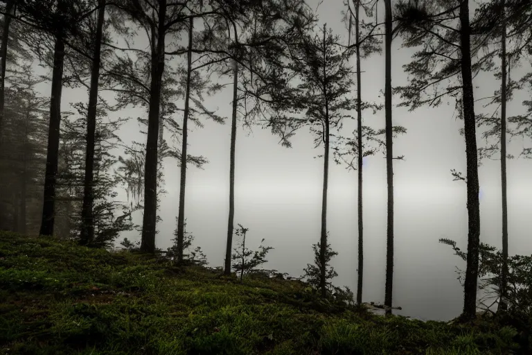 Image similar to a lake with mountains and a foggy forest in the background 50mm, hyperrealistic, moody, dark, ultra detailed, highly detailed, cinematic, dynamic lighting