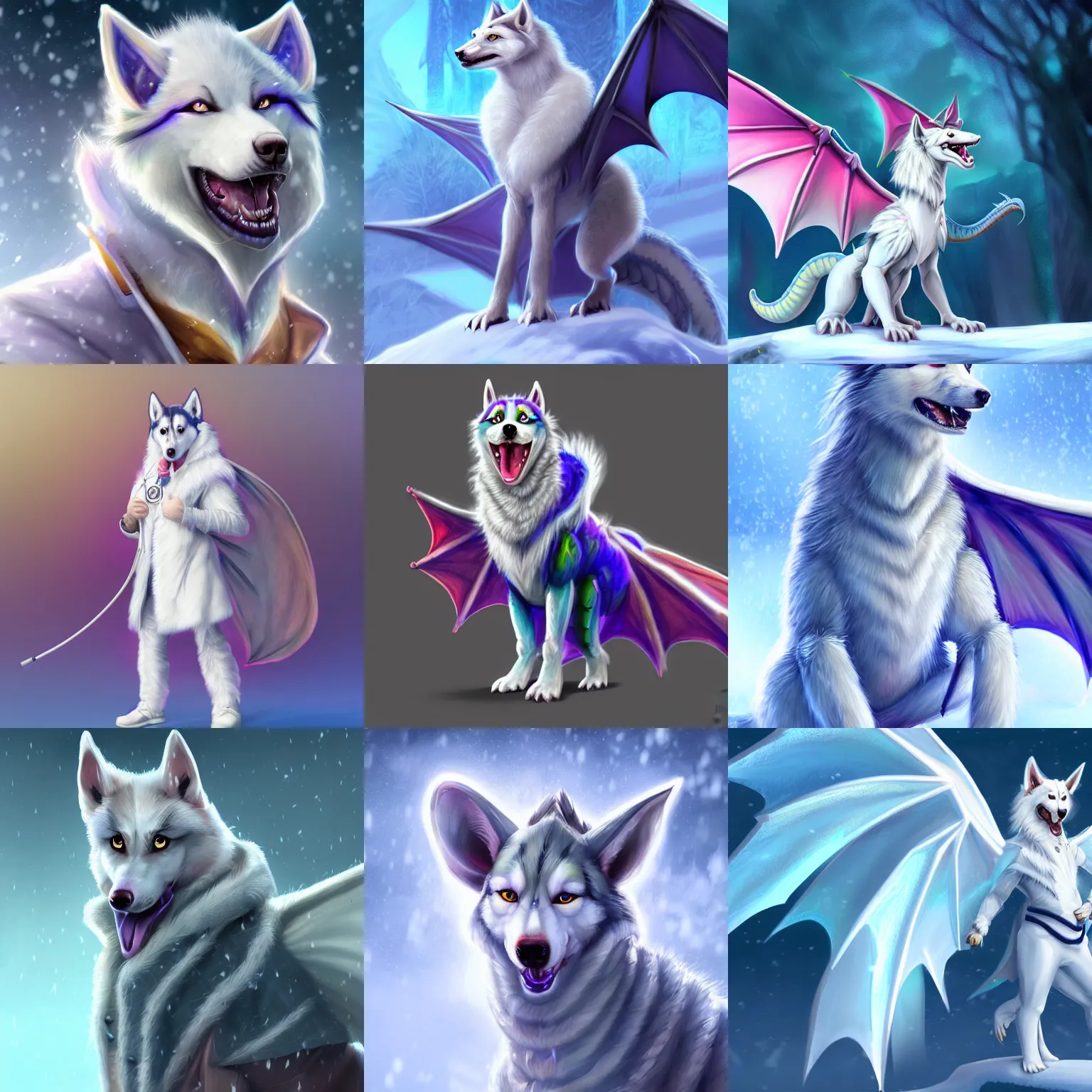 Prompt: male antropromorphic dragon - husky - hybrid, wearing a white doctors coat and stethoscope, digital art, concept art, trending on artstation, in the snow, bright colors, wings, tail, highly detailed, 8 k hd