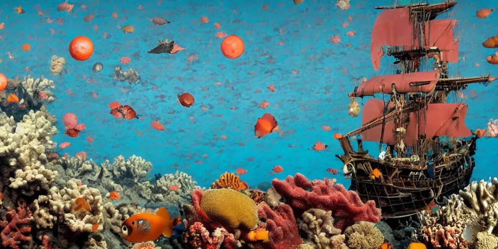 Prompt: pirate ship at the bottom of the ocean there are corals in the foreground, several small orbs surround the ship