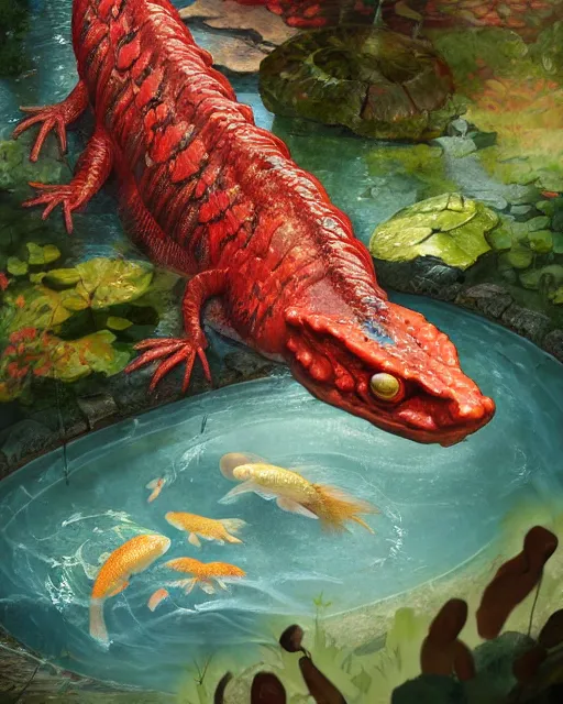 Image similar to game character beautiful giant kaiju sized pond serpent half fish half salamander, wet amphibious skin, red salamander, axolotl creature, koi pond, korean village by Ruan Jia and Gil Elvgren, fullbody