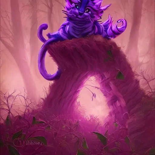 Prompt: demonic cheshire cat in a neon purple forest, horror, scary, art by artgerm and krenz cushart