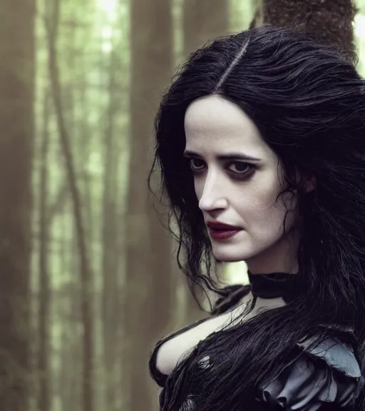 Image similar to 5 5 mm close up portrait photo of eva green as yennefer of vengerberg in black leather armor and long black fluff hair, in a forest. magical atmosphere. art by greg rutkowski. lifelike. very detailed 8 k. intricate. soft light. nikon d 8 5 0.