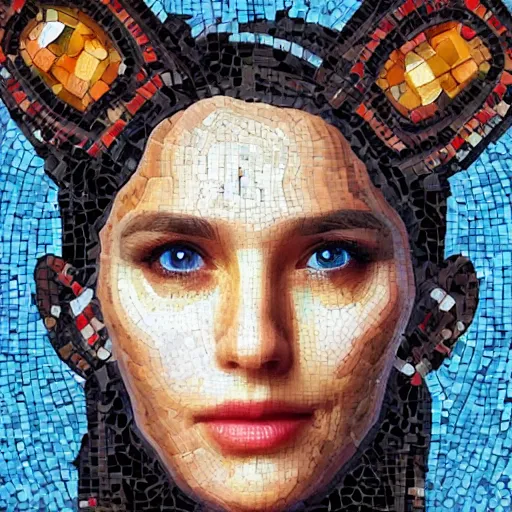 Image similar to portrait mosaic of a beautiful cute girl with robot ears and eyes by joe biden, 4k, intricate details, digital, between heaven and hell