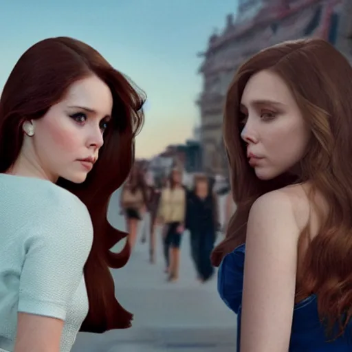 Image similar to lana del rey fighting Elizabeth olsen, photorealistic, high detail