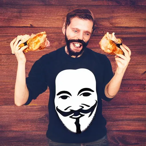 Image similar to man with guy fawkes mask eating pork - chop