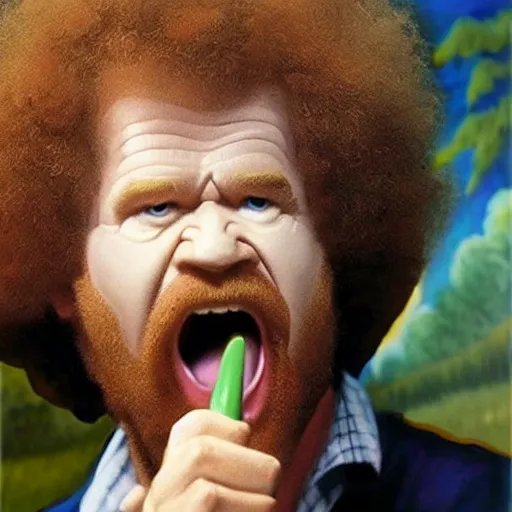 Prompt: insanely angry bob ross screaming at his painting mistake. smoke coming from ears.