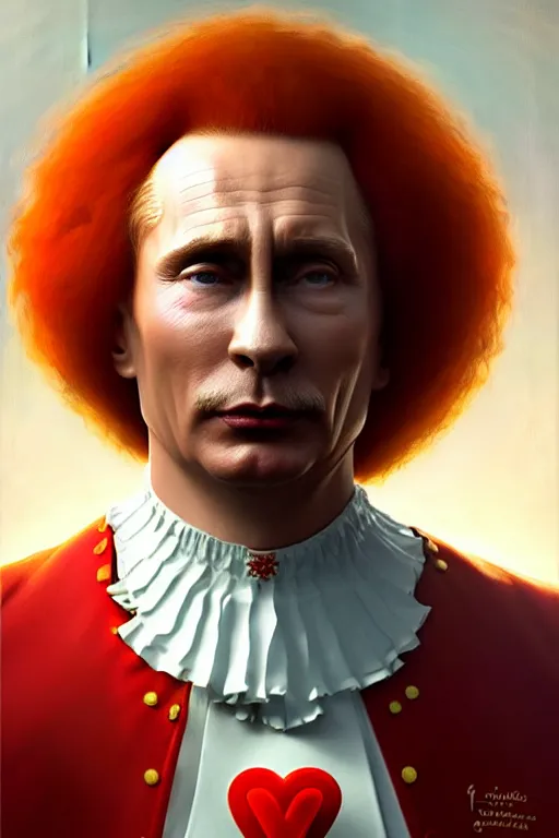 Image similar to / vladimir putin as ronald mcdonald, closeup, d & d, fantasy, intricate, elegant, highly detailed, digital painting, artstation, concept art, matte, sharp focus, illustration, hearthstone, art by artgerm and greg rutkowski and alphonse mucha