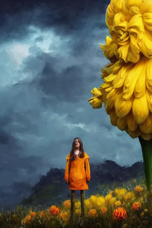 Image similar to closeup girl with huge yellow dahlia flower face, intricate, standing on mountain, surreal photography, blue storm clouds, dramatic light, impressionist painting, digital painting, artstation, simon stalenhag