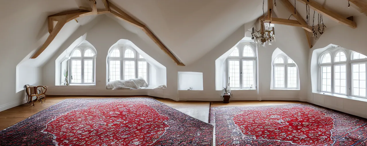 Prompt: low ceiling attic, white painted ceiling, with 2 rectangular windows opposing each other, with a large square window in the back right corner of the room, with exquisite turkish and persian rugs, polished plywood floor, XF IQ4, 150MP, 50mm, F1.4, ISO 200, 1/160s, natural light