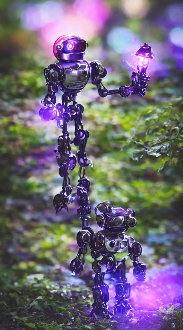 Image similar to small toy robot in a garden, hyper detailed, sharp focus, bokeh, unreal engine, ray tracing, cute, fantasy, sci fi, purple lights, tiny, small