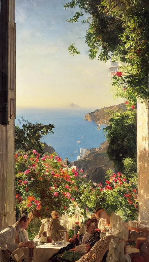 Image similar to still-life painting of garden-terrace party overlooking the Amalfi Coast, by Peder Krøyer, golden hour, dramatic lighting, volumetric lighting, intricately detailed, canvas print