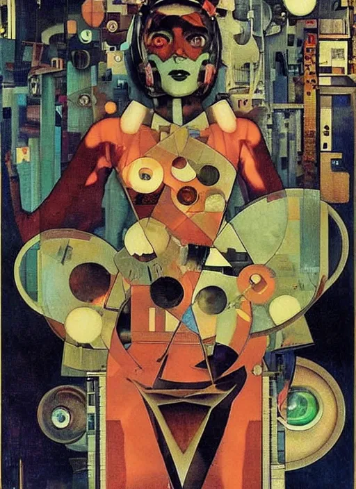 Image similar to cute punk goth fashion fractal alien martian girl with wearing a television tube helmet and kimono made of circuits and leds, surreal Dada collage by Man Ray Kurt Schwitters Hannah Höch Alphonse Mucha Beeple