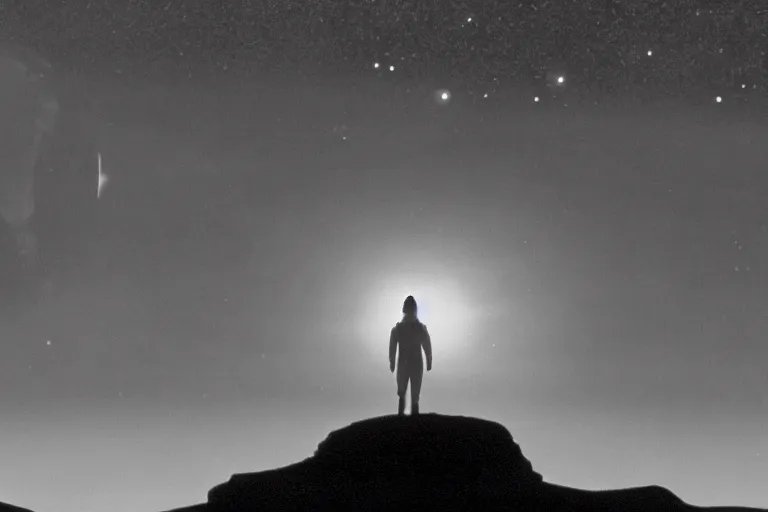 Prompt: an alien horizon, large planet in the sky, black and white spielberg 3 5 mm film cinematic 4 k