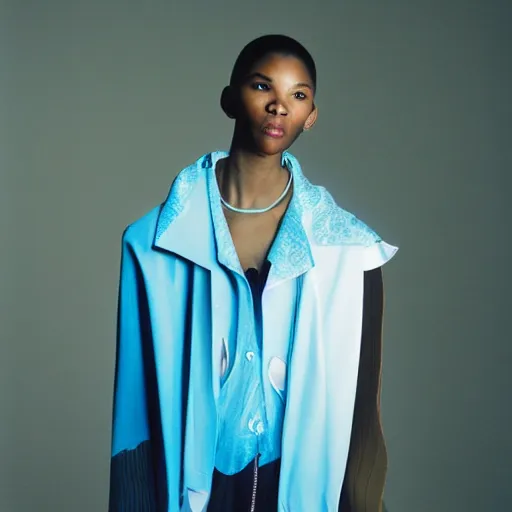 Prompt: realistic photoshooting for a new issey miyake lookbook, color film photography, portrait of a beautiful woman, model is wearing techtical vest, blue direct lightning, photo in style of tyler mitchell, 3 5 mm,