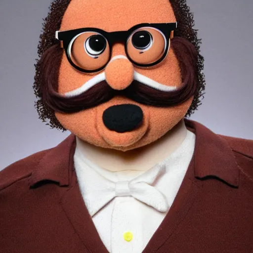 Prompt: a muppet that has a long brown goatee and handlebar mustache, the muppet wears glasses and has short brown hair, photograph