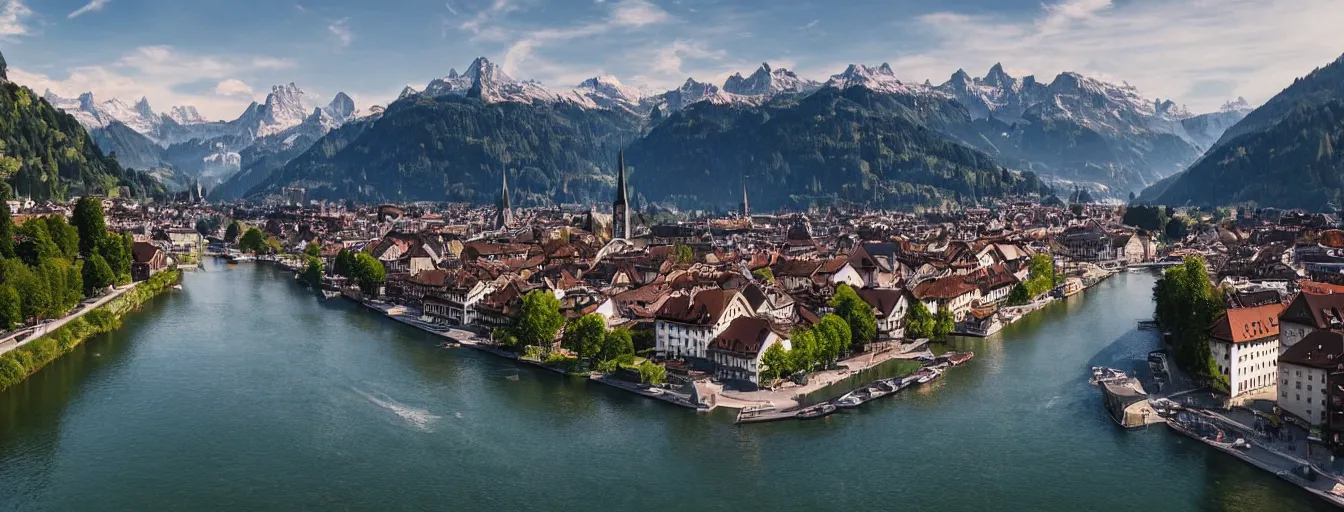 Image similar to Photo of Zurich, looking down the Limmat at the lake and the alps, Hardturm, Grossmünster, wide angle, volumetric light, hyperdetailed, mountain water, artstation, cgsociety, 8k