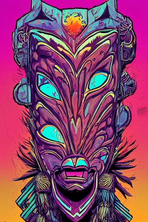 Image similar to totem animal tribal chaman vodoo mask feather gemstone plant wood rock video game illustration vivid color borderlands by josan gonzales and dan mumford radiating a glowing aura