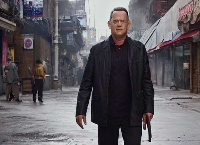 Image similar to film still of Tom Hanks roaming the dirty streets in the new Deathwish, 4k