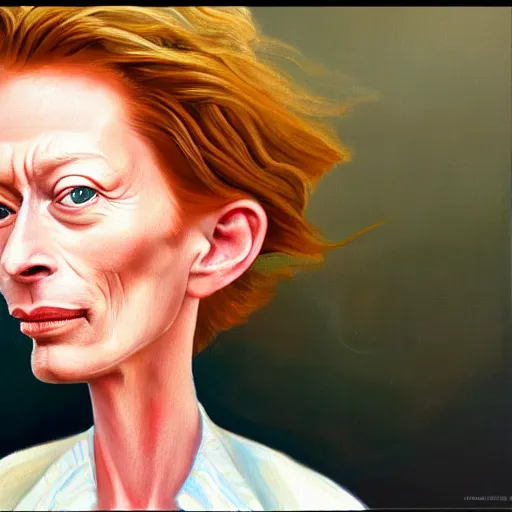 Prompt: an caricature of a young tilda swinton smoking a blunt, realistic oil painting by david levine, trending on art station, 4K