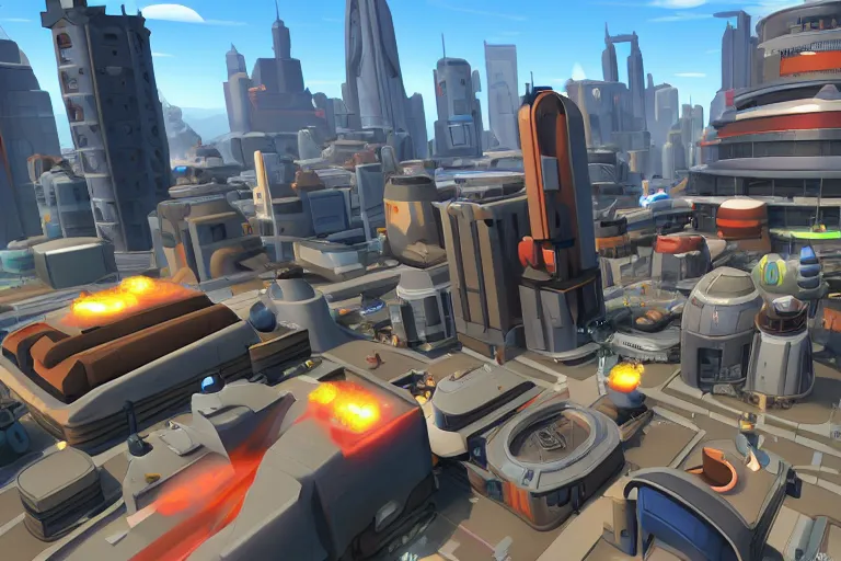 Image similar to futuristic city in team fortress 2