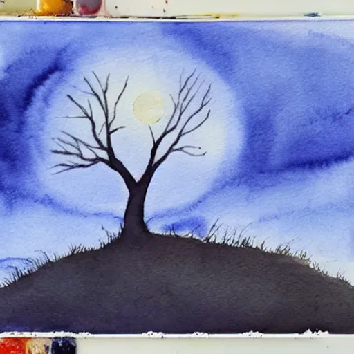 Prompt: This painting has such a feeling of peace and serenity. The tree is so still and calm, despite the wind blowing around it. The moonlight casts a soft glow over everything and the starts seem to be winking at you... watercolor painting, at night