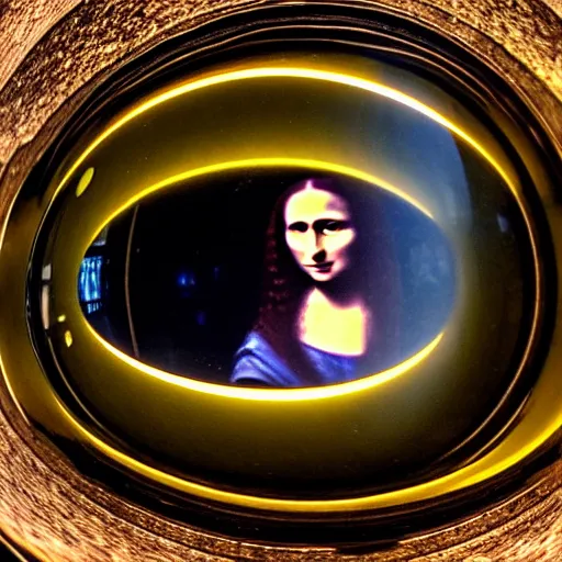 Image similar to fish eye of mona lisa looking me, dark lighting