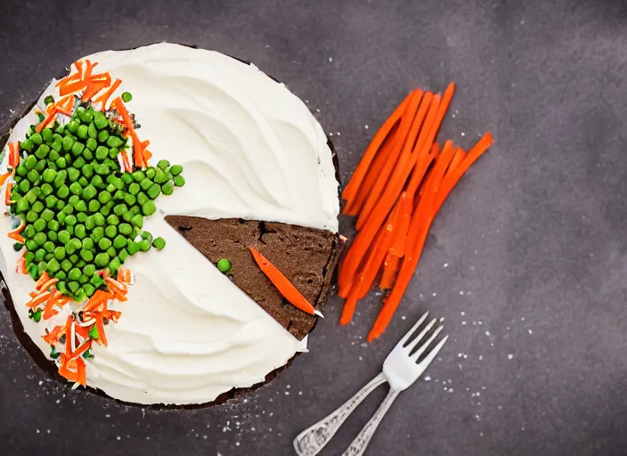 Image similar to dslr food photograph of a birthday cake iced with mashed potatoes and topped with ground beef carrots and peas, 8 5 mm f 1. 8