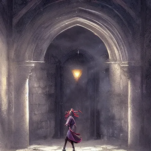 Image similar to A female tiefling sorcerer, stepping through a magical portal showing another dimension, into a palace courtyard, dramatic lighting, fantasy art by Greg Rutkowski