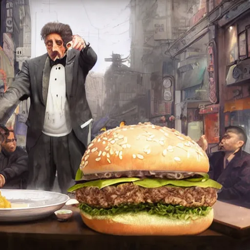 Prompt: a highly detailed epic cinematic concept art CG render digital painting artwork costume design: Al Pacino as a 1920s gangster eating a massive hamburger, voluptuous sesame seed bun, extra ketchup and pickles and onions . By Greg Rutkowski, Ilya Kuvshinov, WLOP, Stanley Artgerm Lau, Ruan Jia and Fenghua Zhong, trending on ArtStation, made in Maya and Photoshop, octane render, excellent composition, cinematic atmosphere, dynamic dramatic cinematic lighting, aesthetic, very inspirational, arthouse