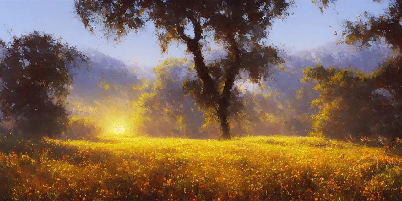 Prompt: a beautiful, stunning oil painting of a landscape in spring during sunrise by craig mullins