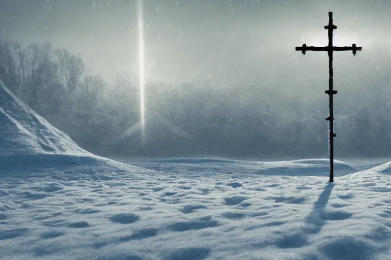 Image similar to a cross made of light beams on a snow covered field, landscape inspired by salvador dali, a matte painting by li shida, cgsociety, context art, redshift, matte painting, reimagined by industrial light and magic