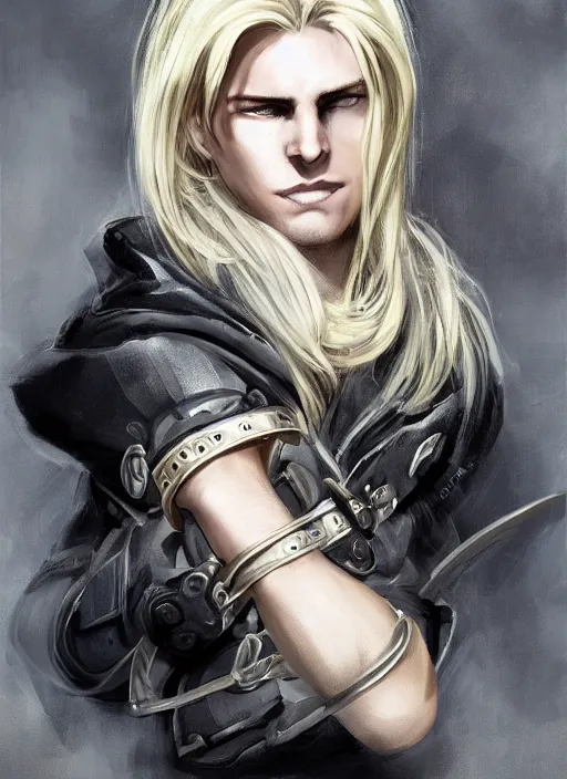 Prompt: a blonde boy thief with a metal armband in the style of eve ventrue