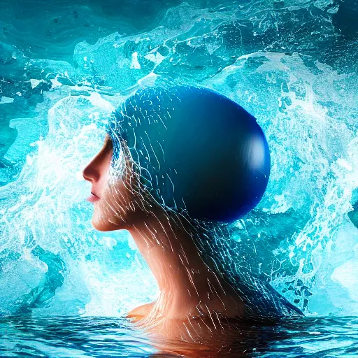 Image similar to water artwork manipulation in the shape of a beautiful female head, on the ocean water, ray tracing, realistic water sharp focus, long shot, 8 k resolution, cinematic, realistic water art