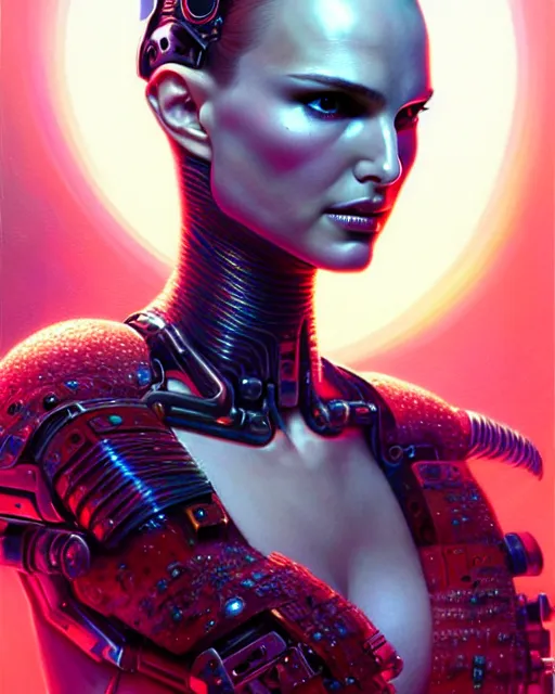 Prompt: natalie portman as a cyborg fantasy character portrait, ultra realistic, wide angle, intricate details, blade runner artifacts, highly detailed by peter mohrbacher, boris vallejo, hajime sorayama aaron horkey, gaston bussiere, craig mullins