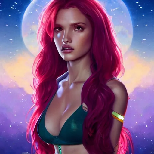 Image similar to ultra realistic illustration, bella thorne as starfire wearing crop top anime, intricate, elegant, highly detailed, digital painting, artstation, concept art, smooth, sharp focus, illustration, art by artgerm and greg rutkowski and alphonse mucha and wlop!