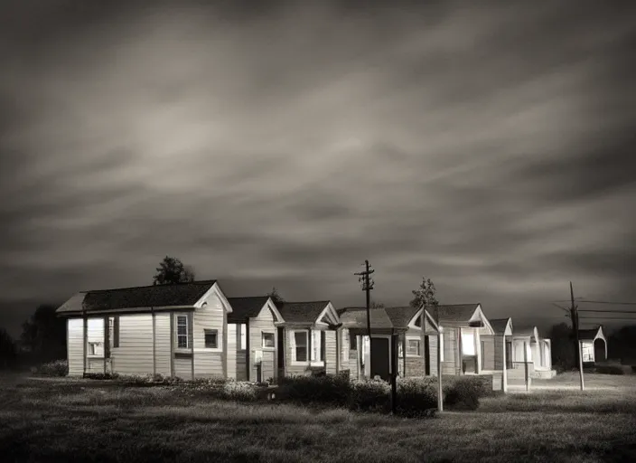 Prompt: small suburban houses in America at night inspired by Edward Hopper, Photographic stills, photography, fantasy, moody lighting, dark mood, imagination, cinematic