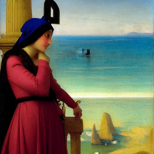 Prompt: A girl with jester hat and clothes on the front of a Balustrade with a beach on the background, major arcana, by paul delaroche, hyperrealistic