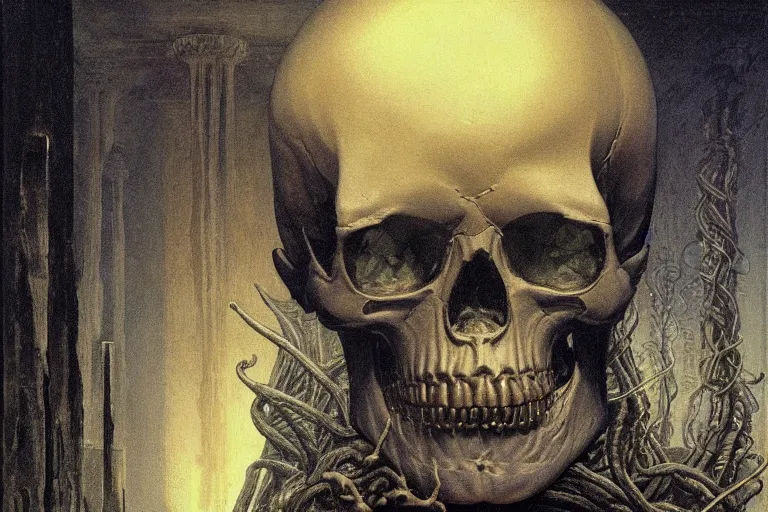 Prompt: intricate, smooth, large metallic skull atop coil of columns, inside a dark room, style by caspar david friedrich and wayne barlowe and ted nasmith.