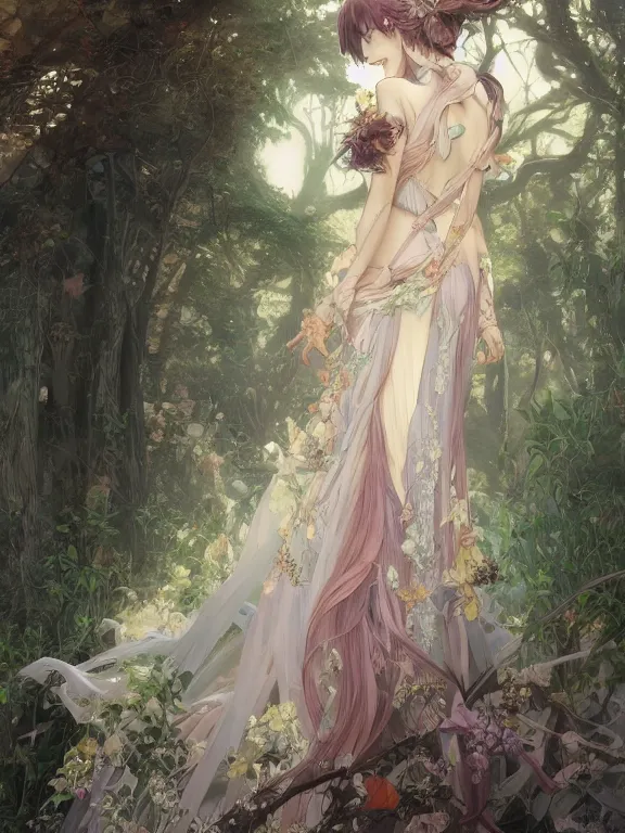 Image similar to anime key visual of leda with her back to the camera wearing a gown designed by monique lhuillier!! intricate, magical forest, stunning, highly detailed, digital painting, artstation, smooth, hard focus, illustration, art by artgerm and greg rutkowski and alphonse mucha