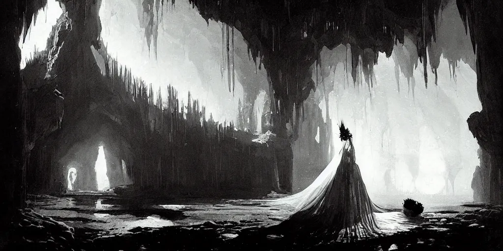 Prompt: a dead girl dressed as a bride lying in a dark cave bridal crown. radiant light, detailed and intricate environment, digital art, trending on art station kvlt by peder balke by peder balke by greg rutkowski, by guido crepax by norman bluhm by greg rutkowski mystic high contrast monochromatic noir