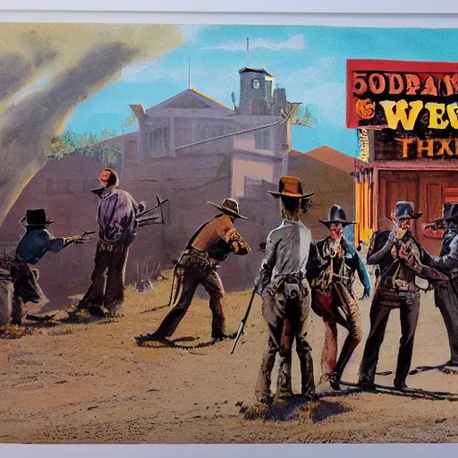 Image similar to detailed details photorealistic historical image of a wild west shootout in the town of tombstone in the style of bob peak and alex ross and moebius and jean giraud and artgerm, gouache and wash paints color and banksy, detailed details facial and body and human and environments and proportionate, detailed 5 k details.