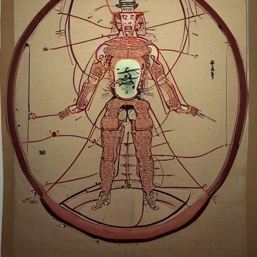 Image similar to a brilliantly colored Japanese scroll of an exploded diagram of a detailed engineering schematic of a cyborg samurai made by an AI in the pose vitruvian man in the style of jean giraud , post-processing , award winning, photo realistic, aged blood stains