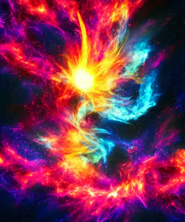 Image similar to blackhole sun, space, photorealistic, bright colors, phoenix flames, nebula clouds, soft tones